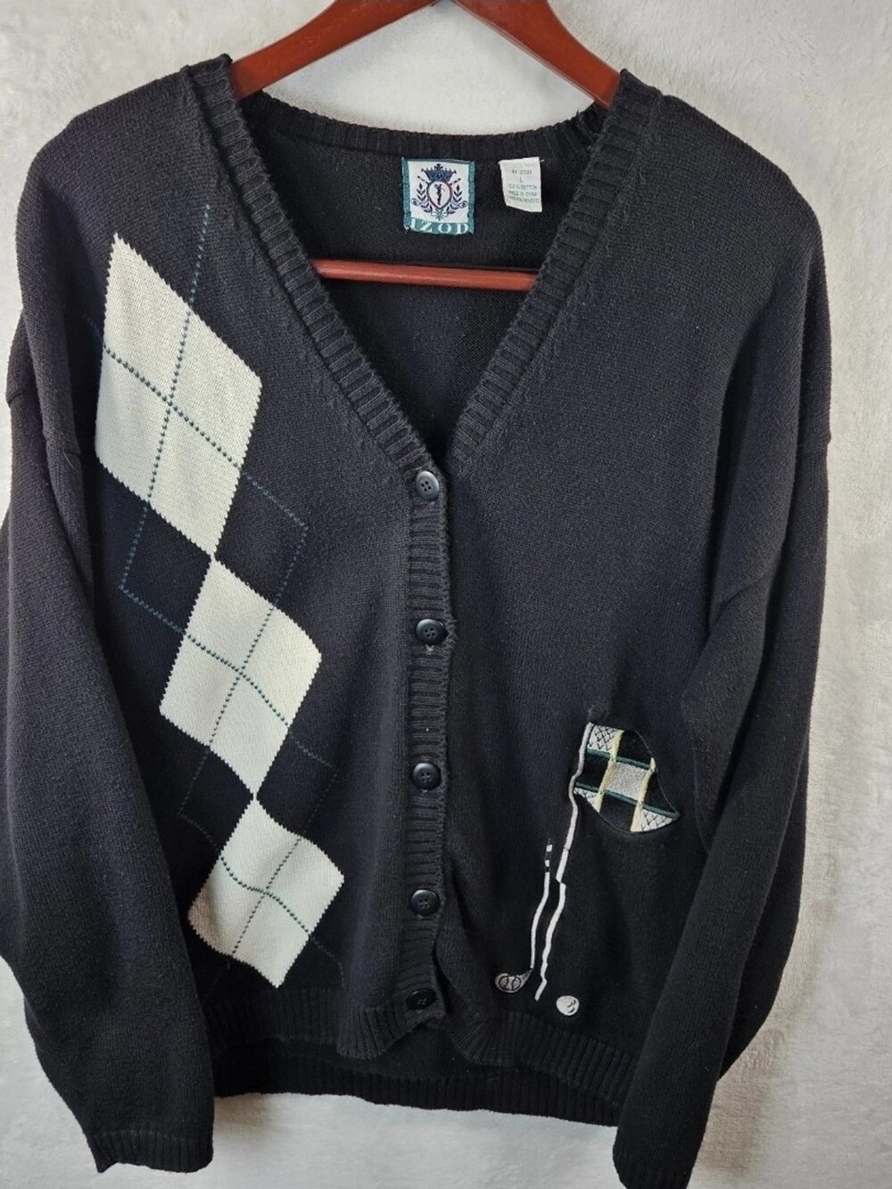 IZOD Cardigan Sweater Black Argyle Golf Embroidered 100% Cotton Womens Sz Large